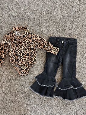 Wrangler Girls Leopard Print Bodysuit and Black Ruffle Jeans Set